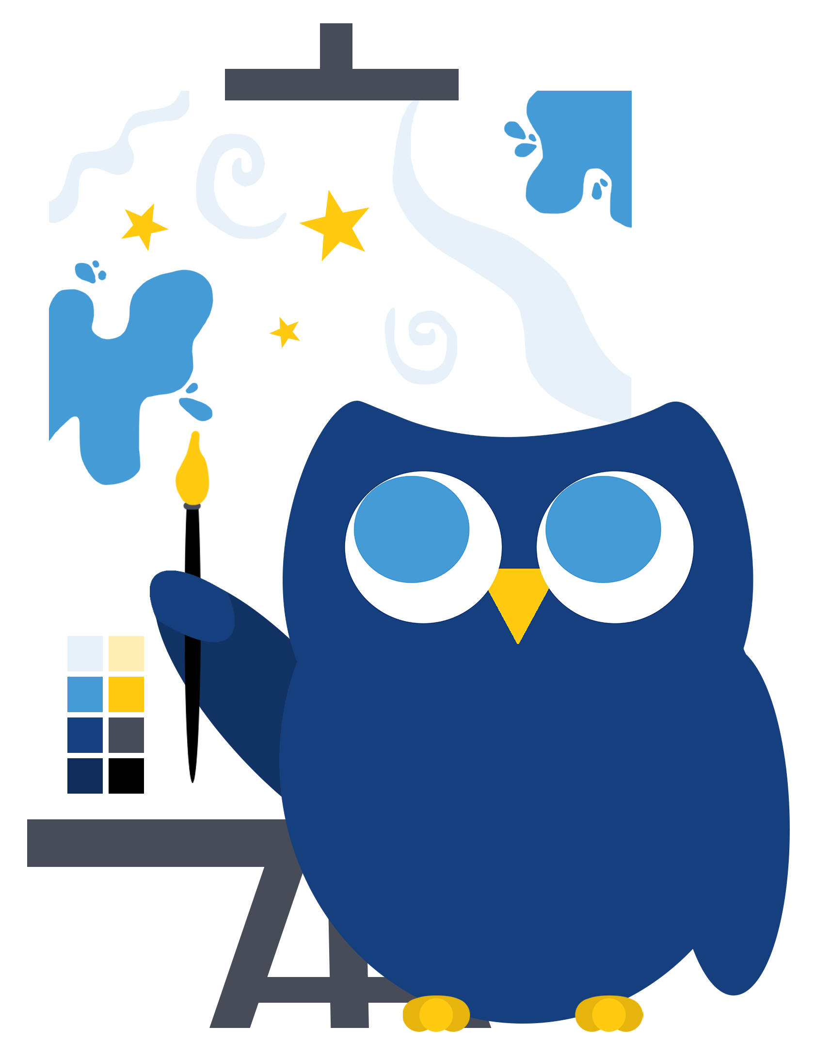 A dark blue cartoon owl named Ipsum with large round eyes, yellow feet, and a yellow beak, holding a black paintbrush up to a canvas painted with splotches, stars and swirls on an easel.