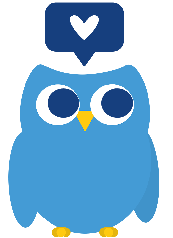 A cartoon blue owl named Lorem with large eyes and a yellow beak, with a speech bubble above its head containing a heart symbol.