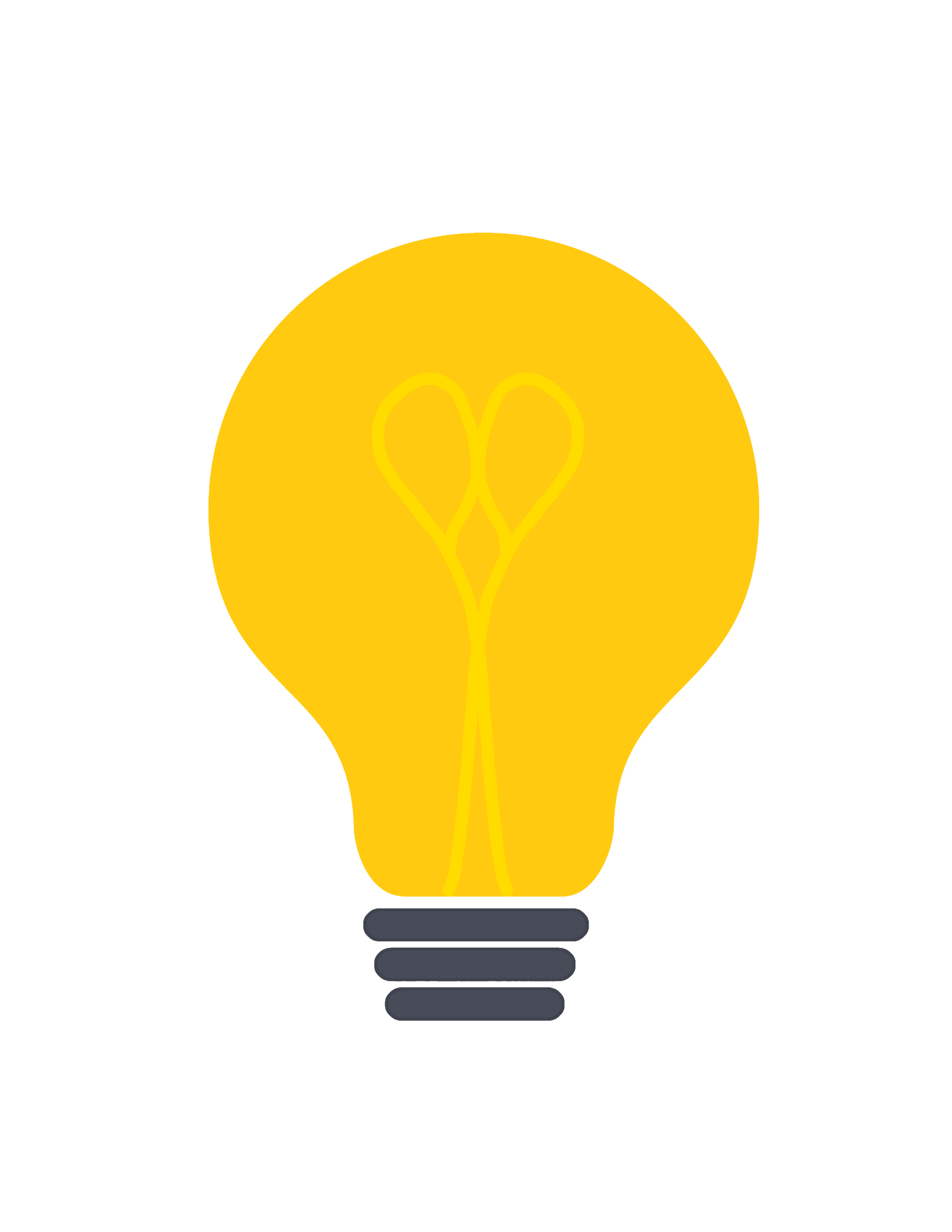 A cartoon illustration of a yellow light bulb with a stylized heart-shaped filament inside