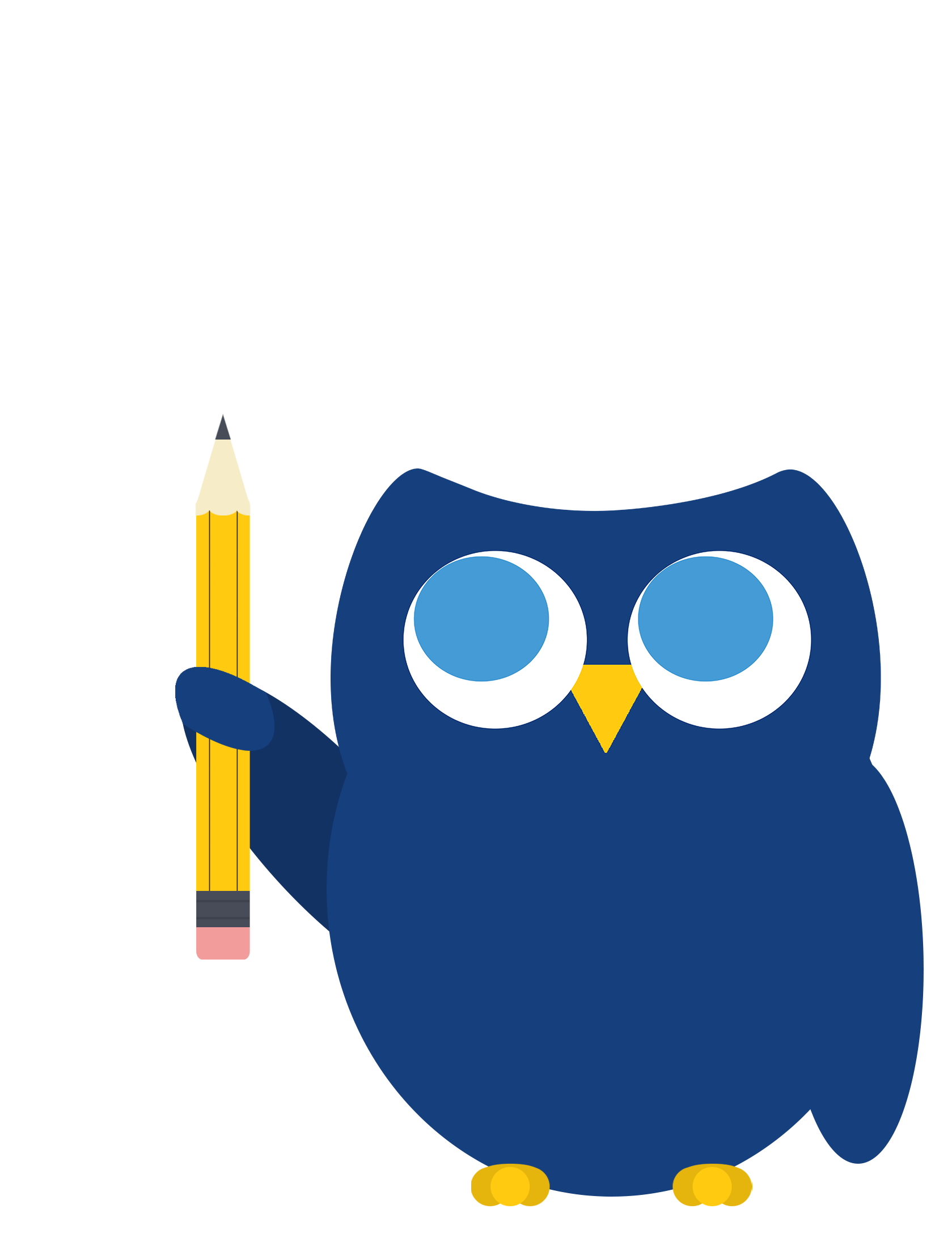 A dark blue cartoon owl named Ipsum holding a yellow pencil with a pink eraser in his wing.