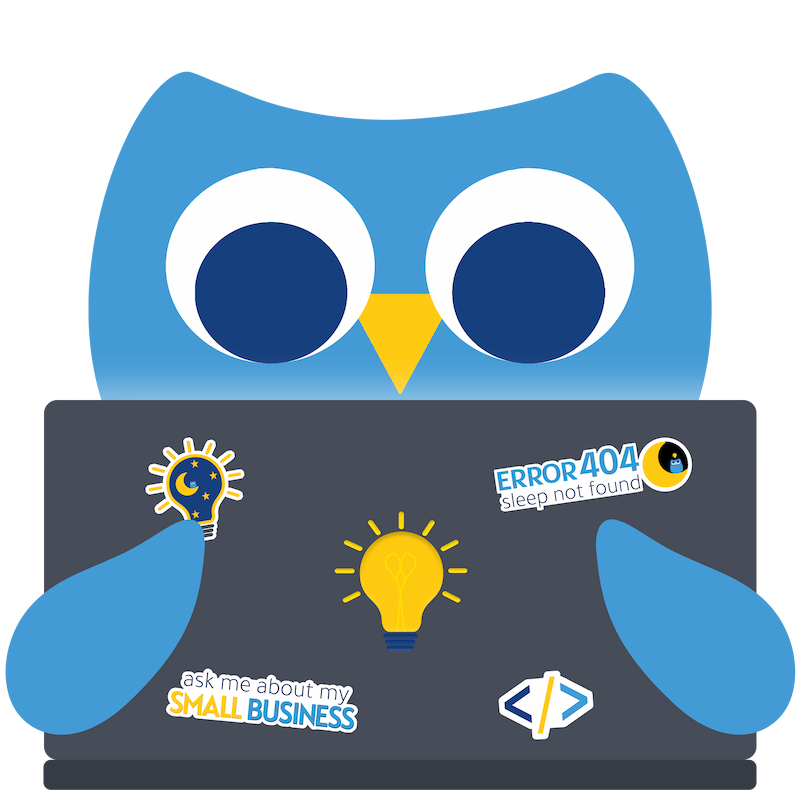 A cartoon blue owl named Lorem holding a laptop with "ask me about my small business" and "error 404: Sleep not found", light bulb, code symbol, and a moon and stars stickers covering it.
