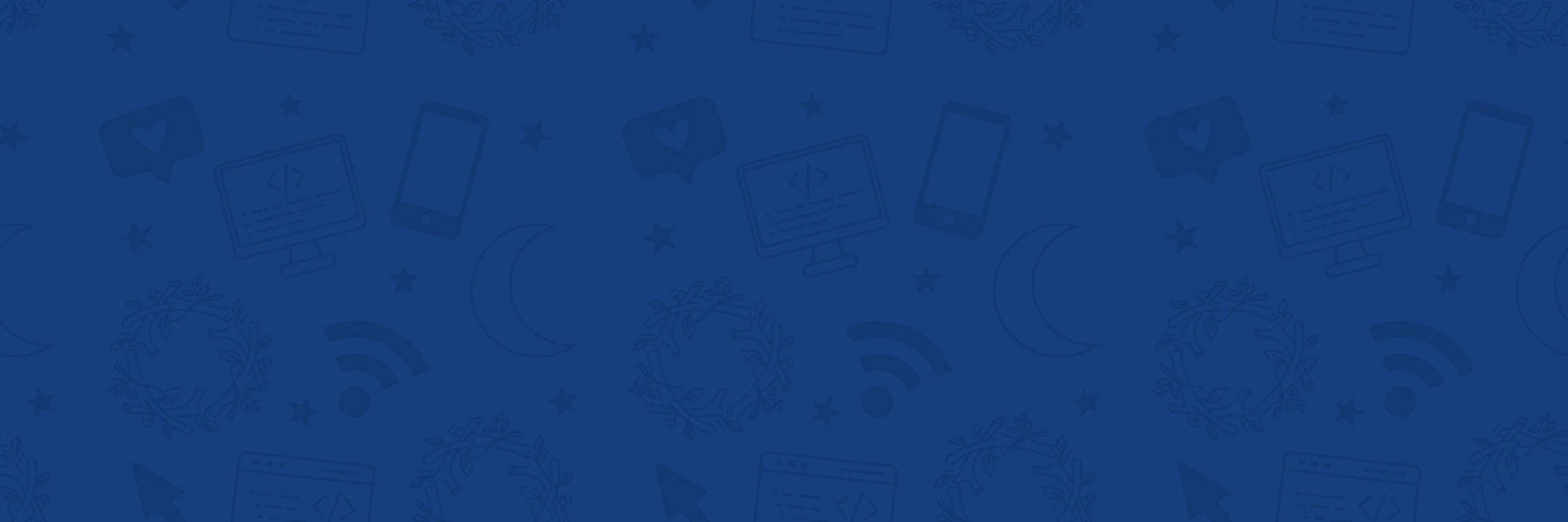 Image with a blue background featuring icons of computers, smartphones, code, hearts, moons, Wi-Fi, and stars, related to technology and coding.