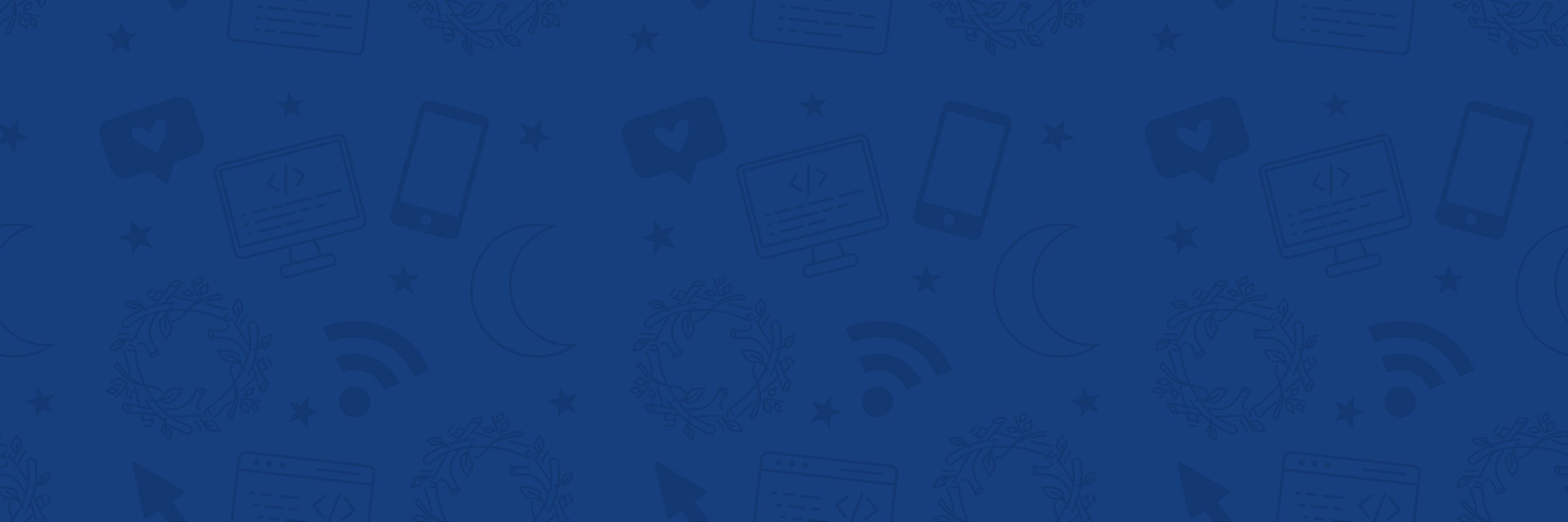 Image with a blue background featuring icons of computers, smartphones, code, hearts, moons, Wi-Fi, and stars, related to technology and coding.