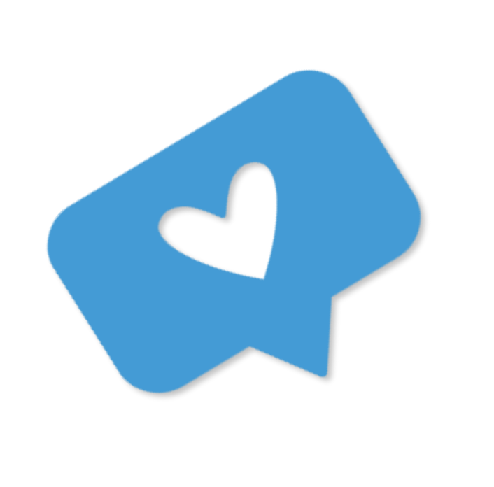 Blue speech bubble with a cutout heart inside.