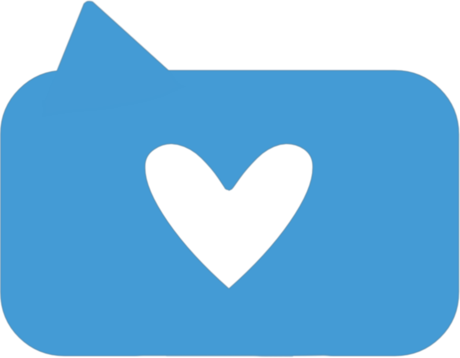 Blue speech bubble with a cutout heart inside.