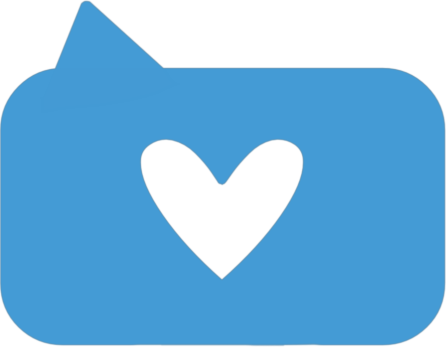 Blue speech bubble with a cutout heart inside.