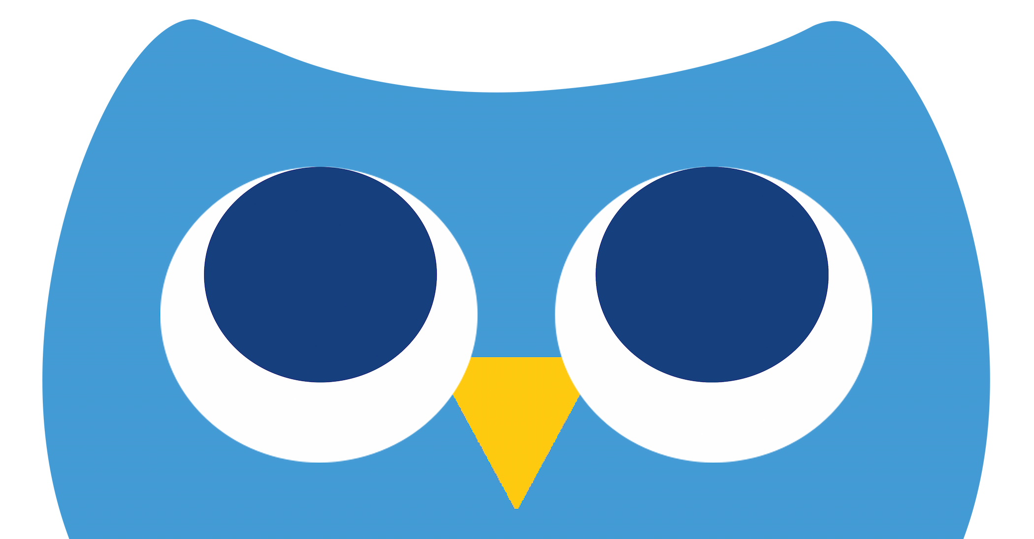 Illustration of an blue owl named Lorem with large blue eyes, a yellow beak, looking upwards