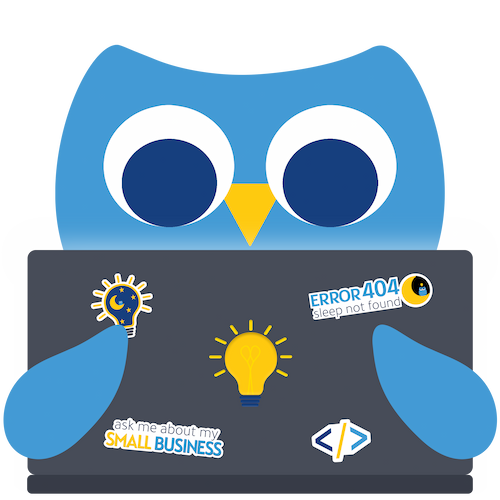 A cartoon blue owl named Lorem holding a laptop computer with a light bulb, and stickers covering it.
