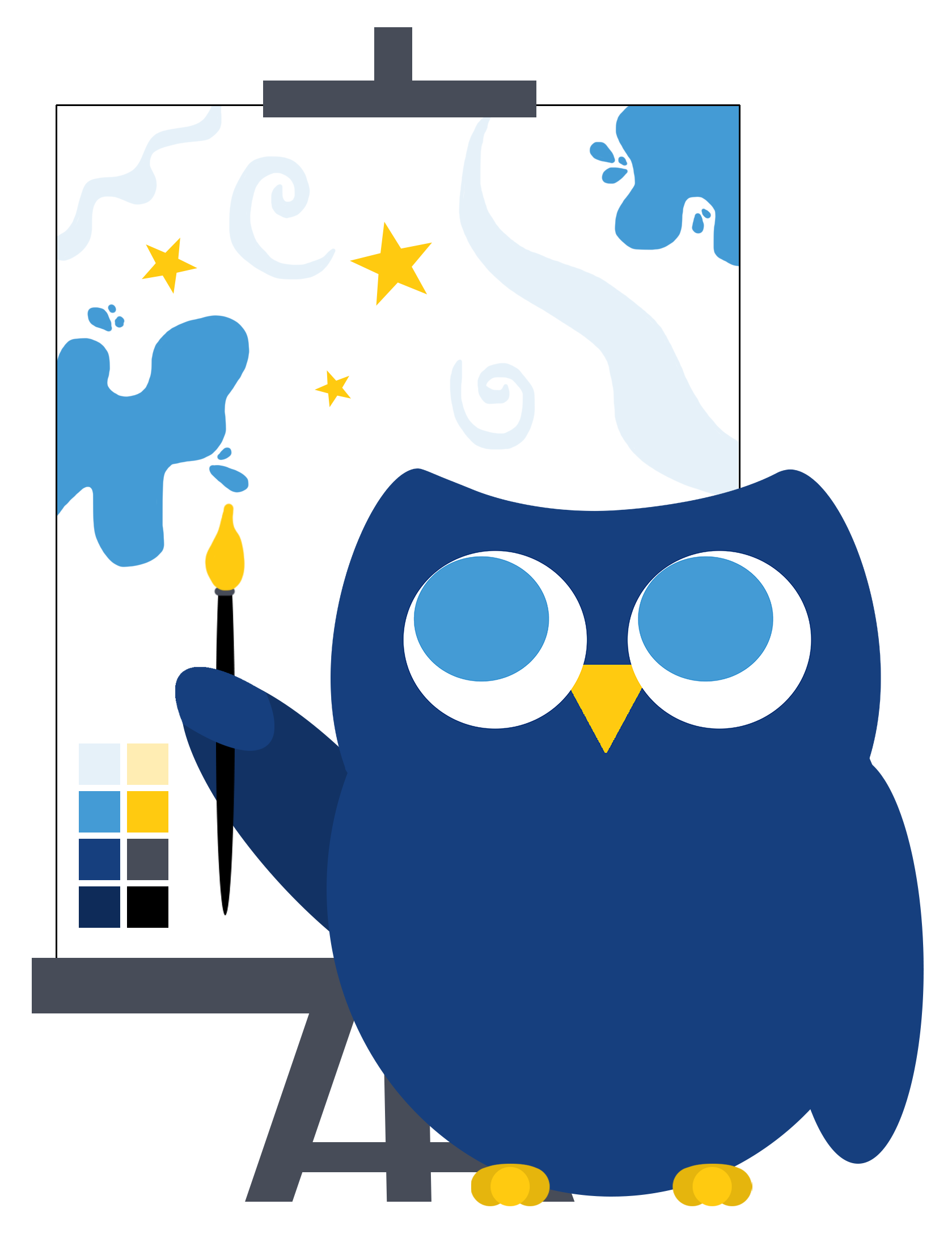 A cartoon illustration of a dark blue owl named Ipsum standing next to an artist's easel with a canvas displaying star and cloud shapes, and holding a paintbrush.
