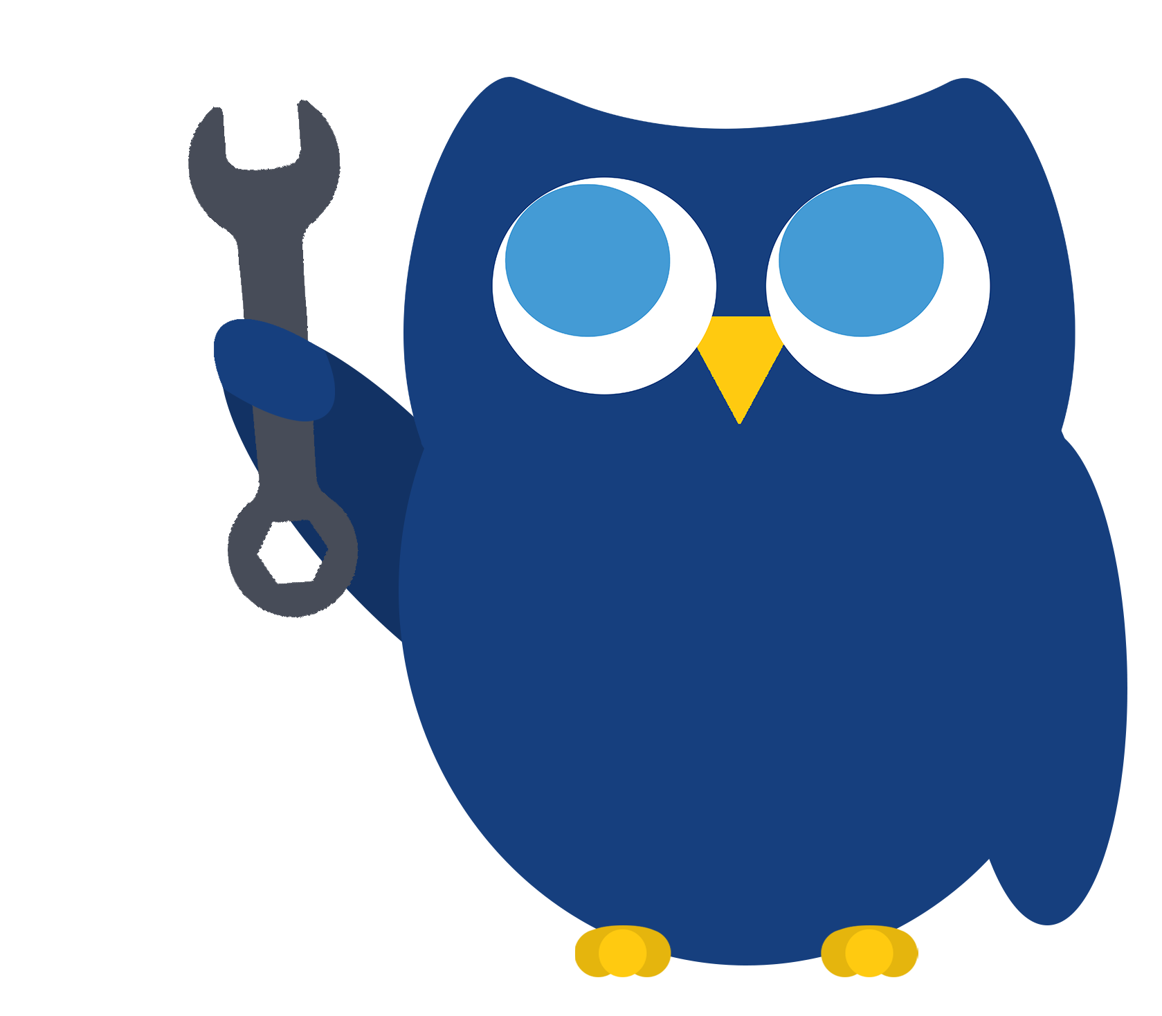 Cartoon illustration of a dark blue owl named Ipsum, holding a wrench in his wing, with yellow feet and beak