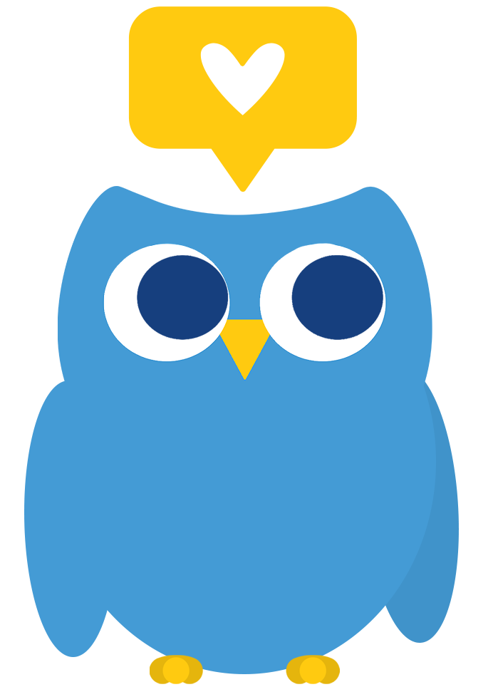 Cartoon blue owl named Lorem with large eyes, yellow beak, and yellow feet, with a yellow speech bubble above its head containing a cutout heart.