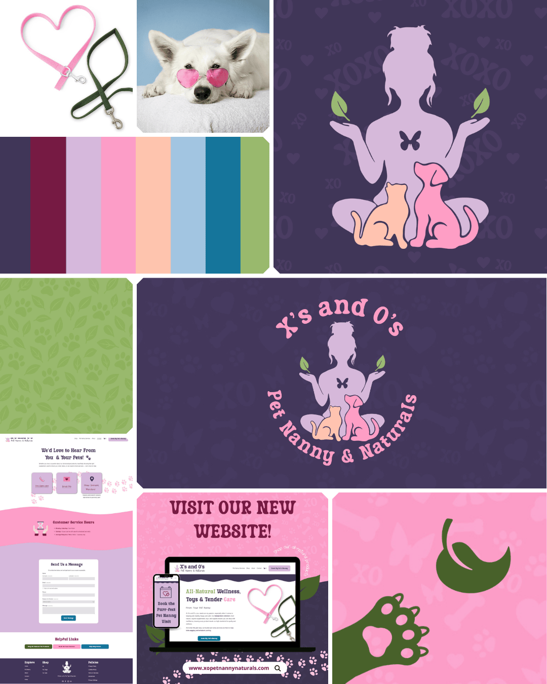 Collage of images related to pet caring and pet-themed branding for 'X's and O's Pet Nanny & Naturals,' including a logo, website promotion, a dog with pink heart-shaped glasses, a pink paw, and playful pet-related graphics.