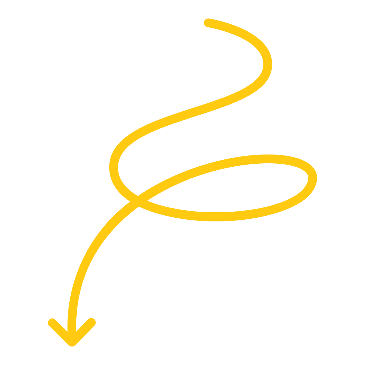 Yellow curly arrow pointing downward and turning to the right.