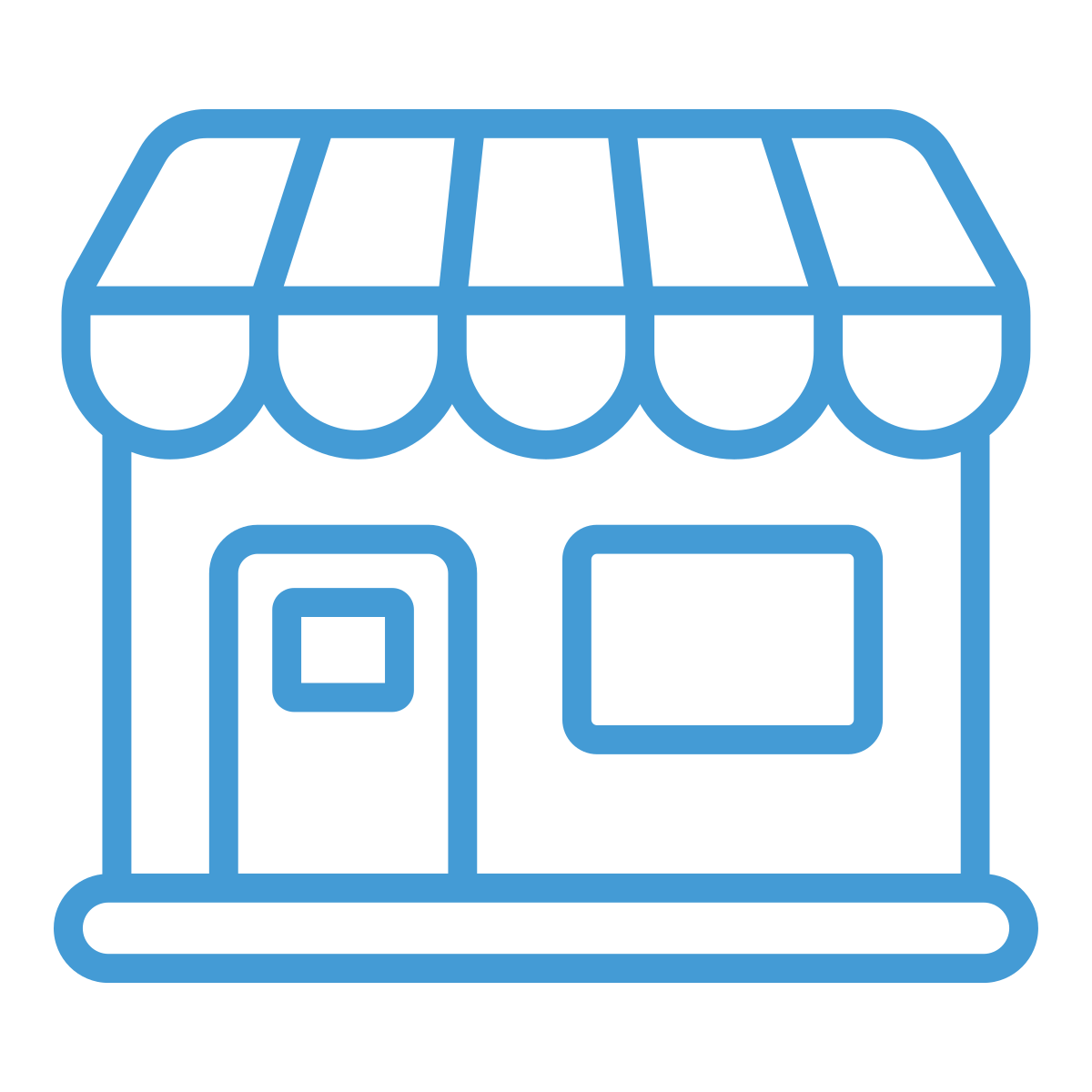 Outline icon of a small storefront with an awning, door, and window.