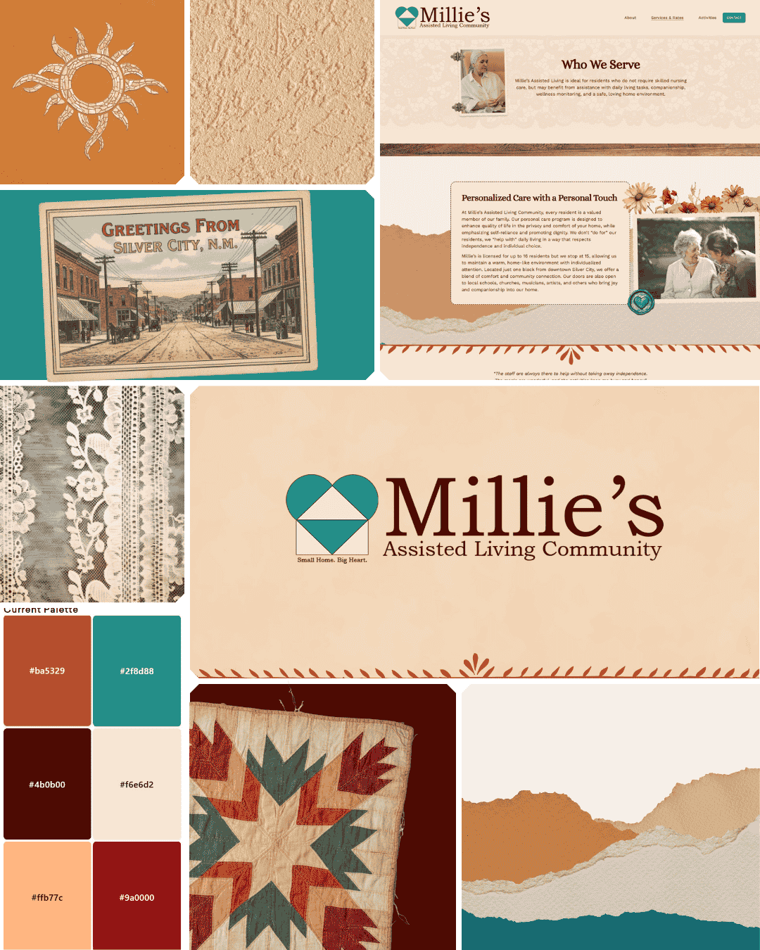 Design board for Millie's Assisted Living Community with color palette, logo, and informational content. The logo features a heart with a house outline, and the palette includes earth tones like rust, teal, beige, and red. The content highlights services, memories of Silver City, and community focus.