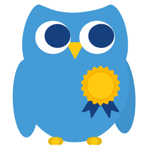 A cartoon blue owl named Lorem with big white and navy eyes, a yellow beak, small yellow feet, and a yellow ribbon with a blue tail attached to its chest.