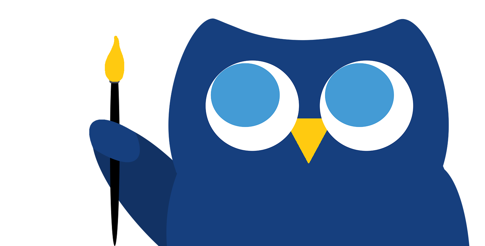 A dark blue cartoon owl named Ipsum with large, light blue eyes, a small yellow beak, and a tail, holding a black paintbrush with yellow bristles in his wing.