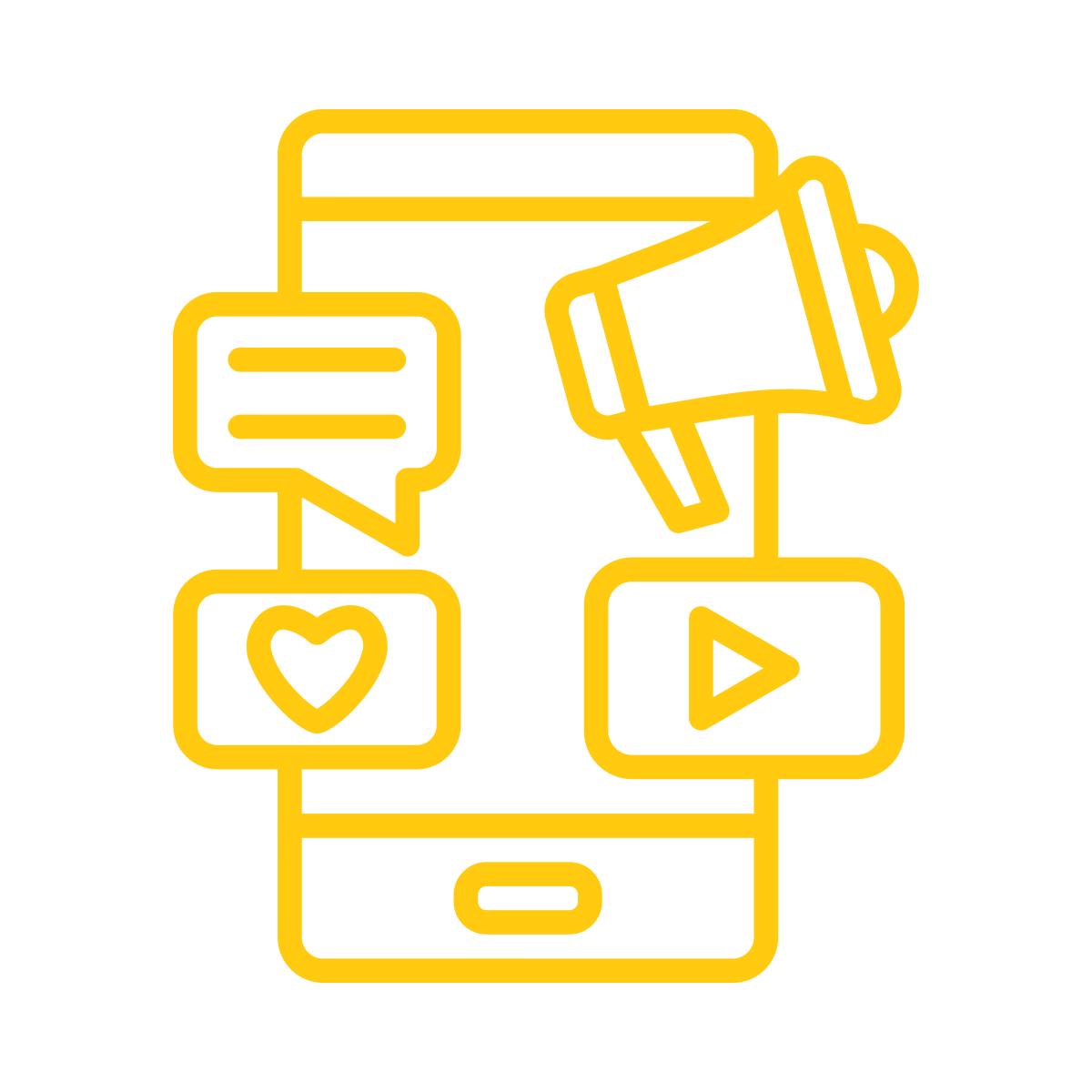 Outline icon of a smartphone with social media elements like a speech bubble, a heart, a megaphone, and a play button.