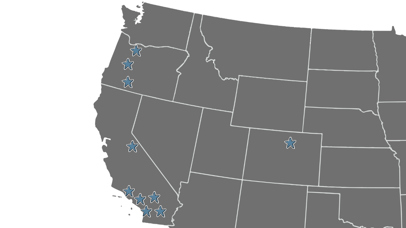 Map of the United States showing selected states in California, Nevada, Arizona, and Washington with blue star markers.