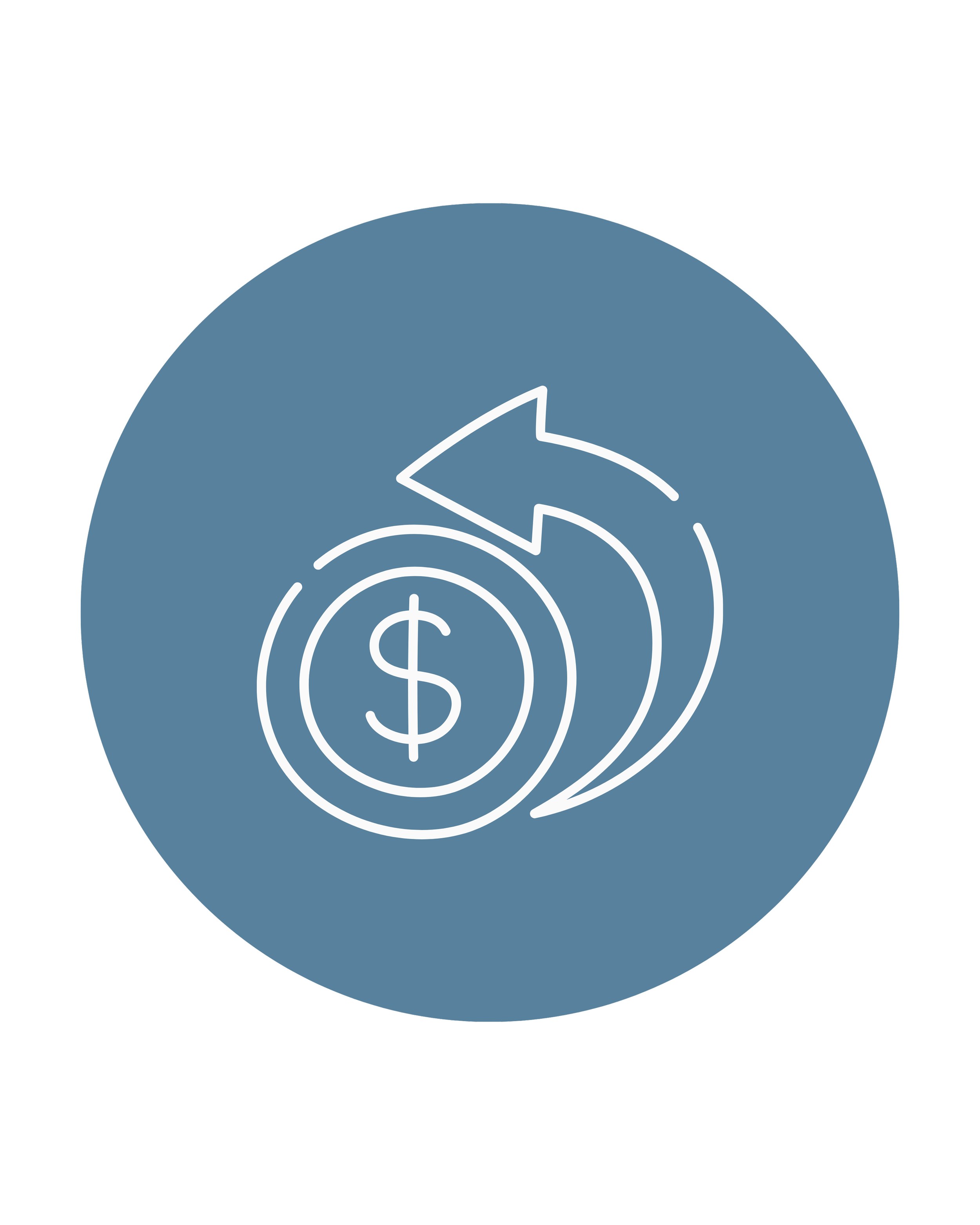 Icon representing financial transaction or money refund, with a dollar sign inside a circle and an arrow curving back around.