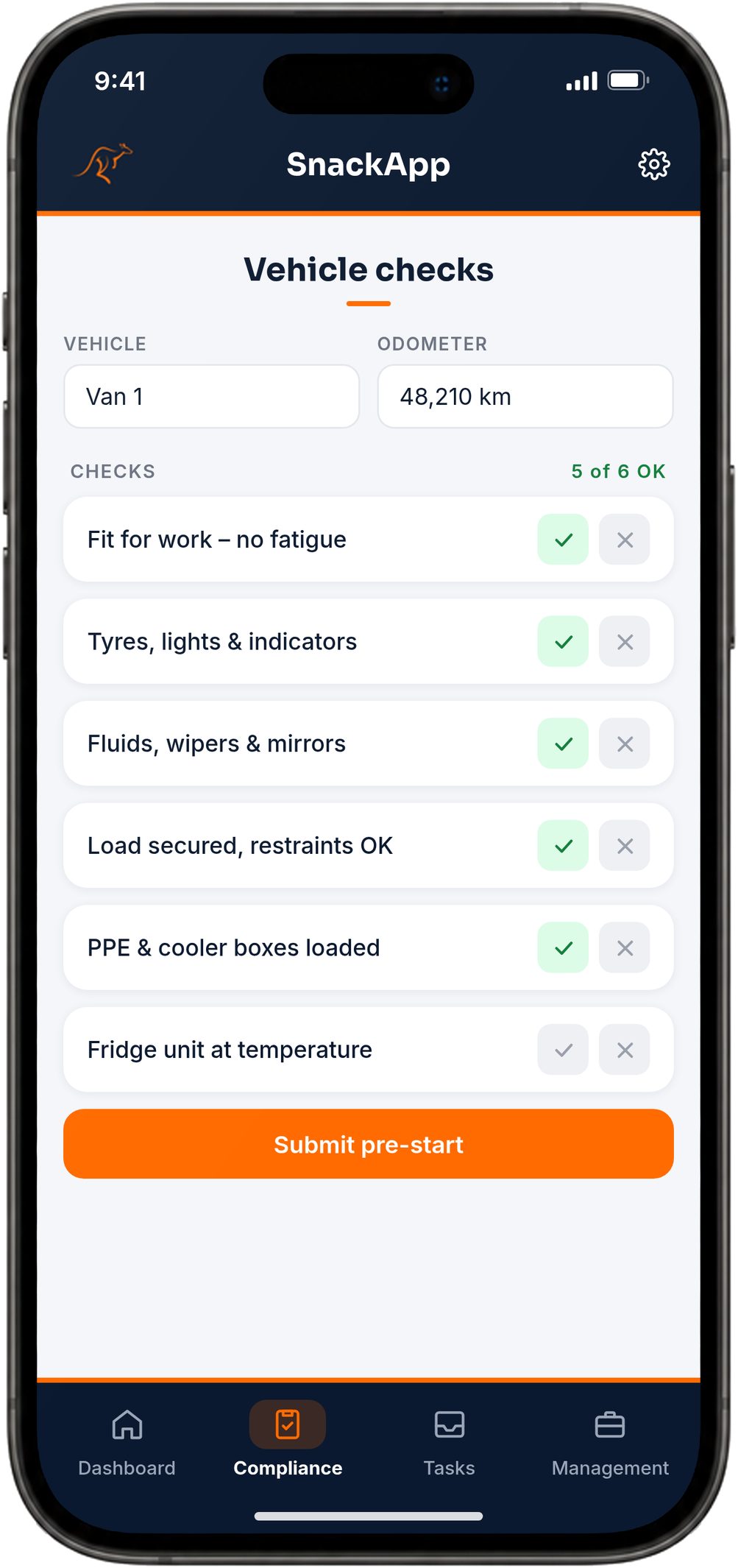 SnackApp vehicle pre-start
