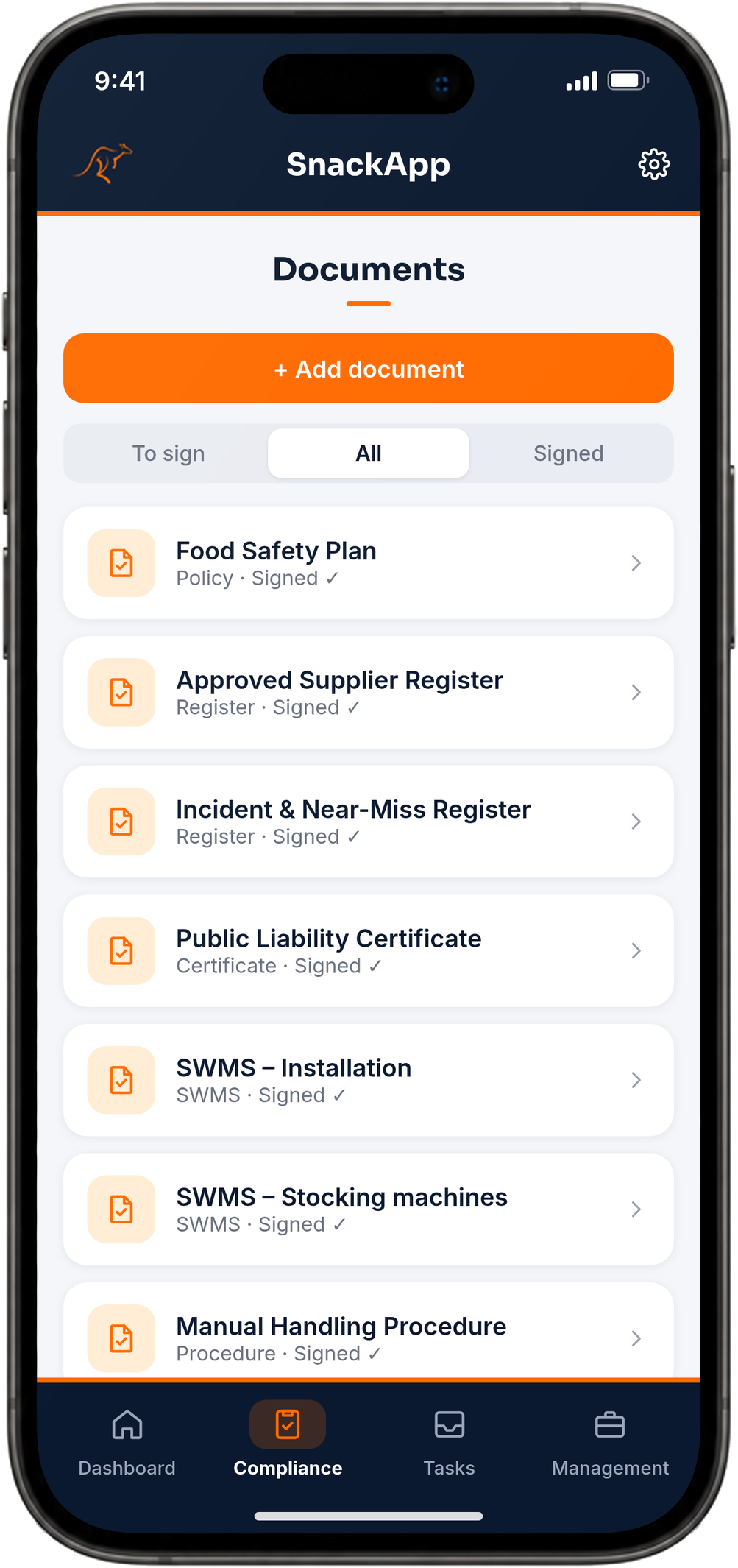 SnackApp signed documents