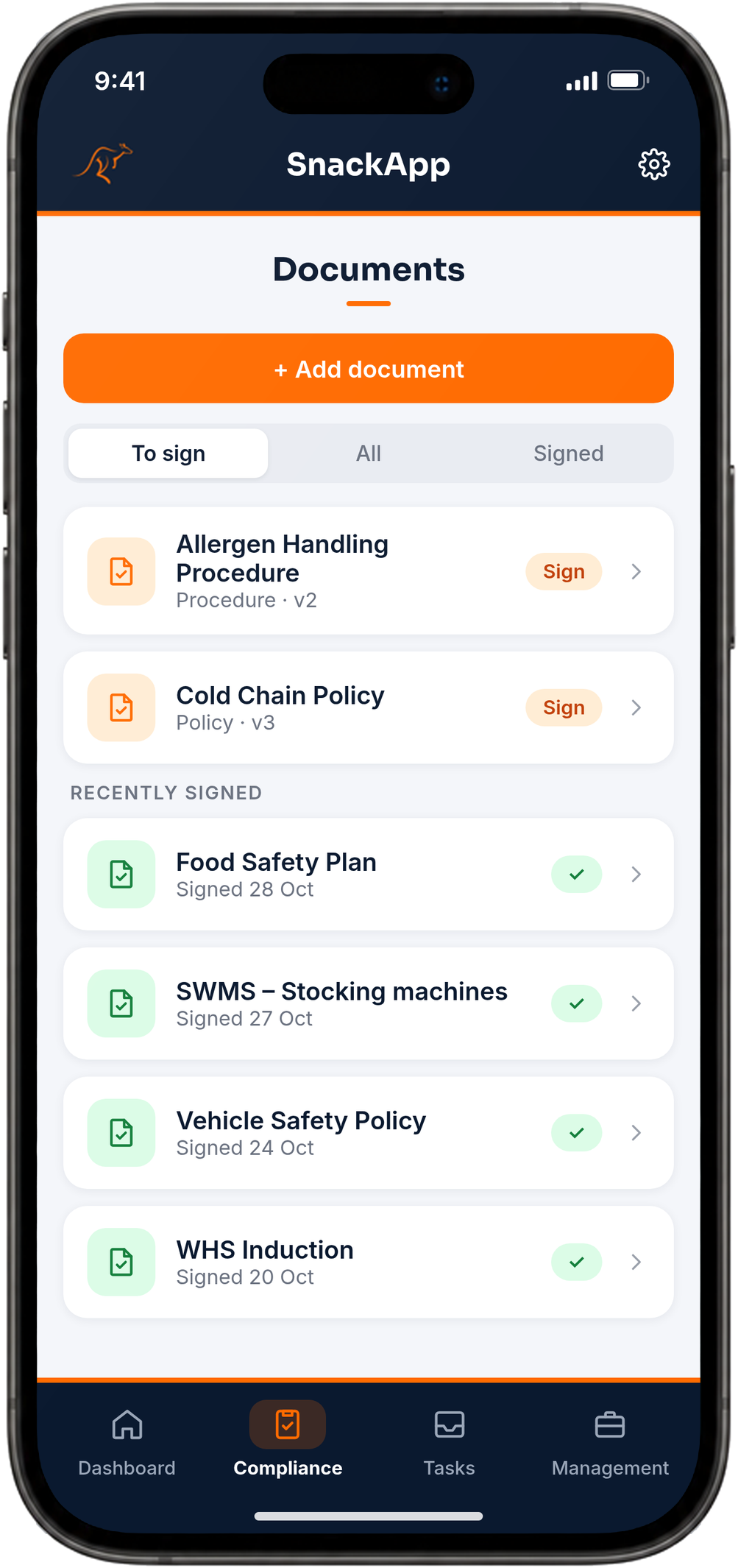 SnackApp food safety and WHS documents
