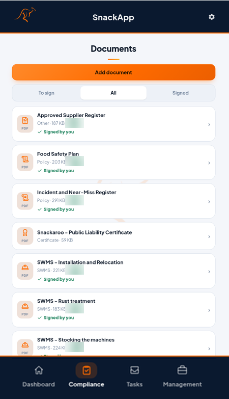 SnackApp documents screen with a signed food safety plan, incident register, SWMS and public liability certificate