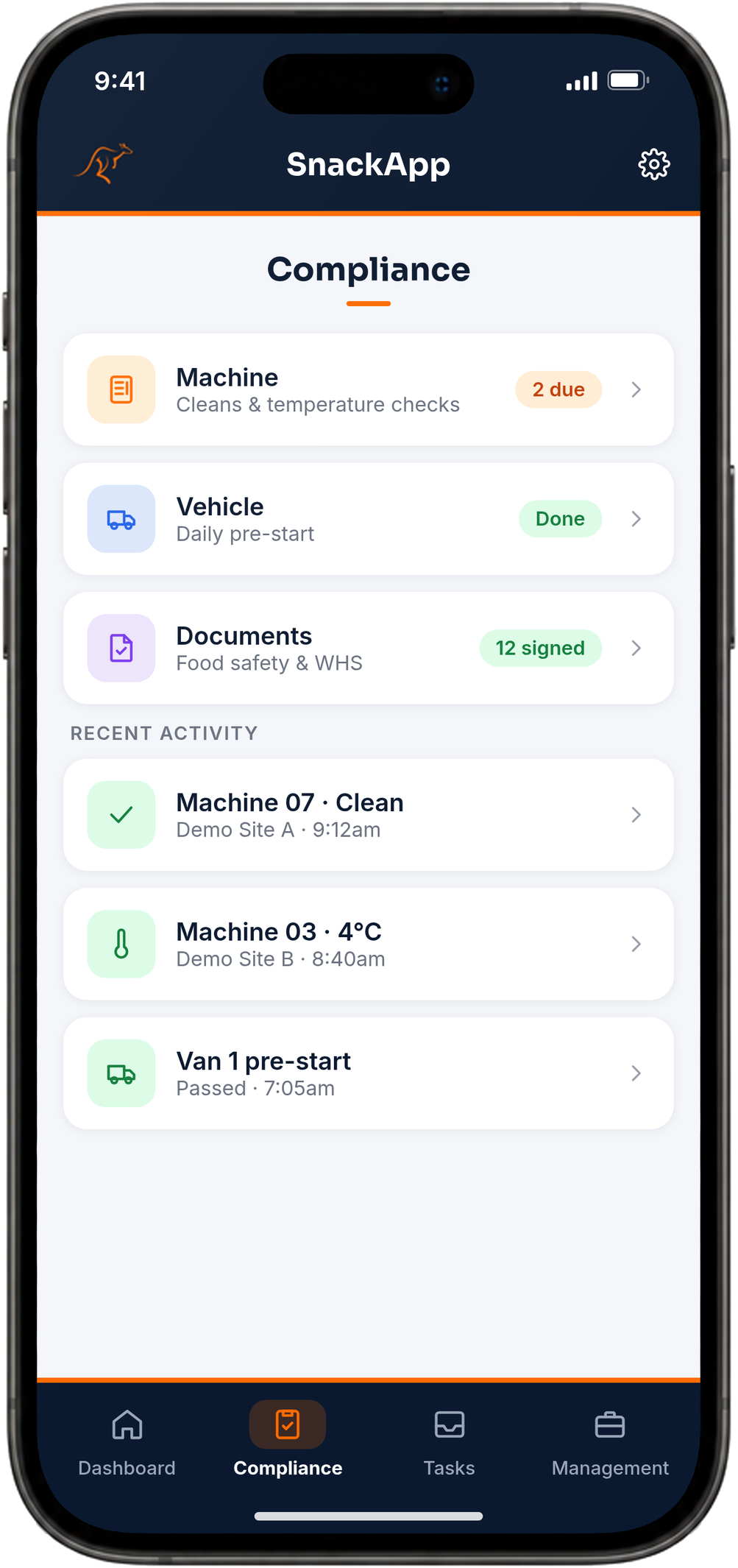 SnackApp compliance hub showing machine checks, vehicle checks and documents