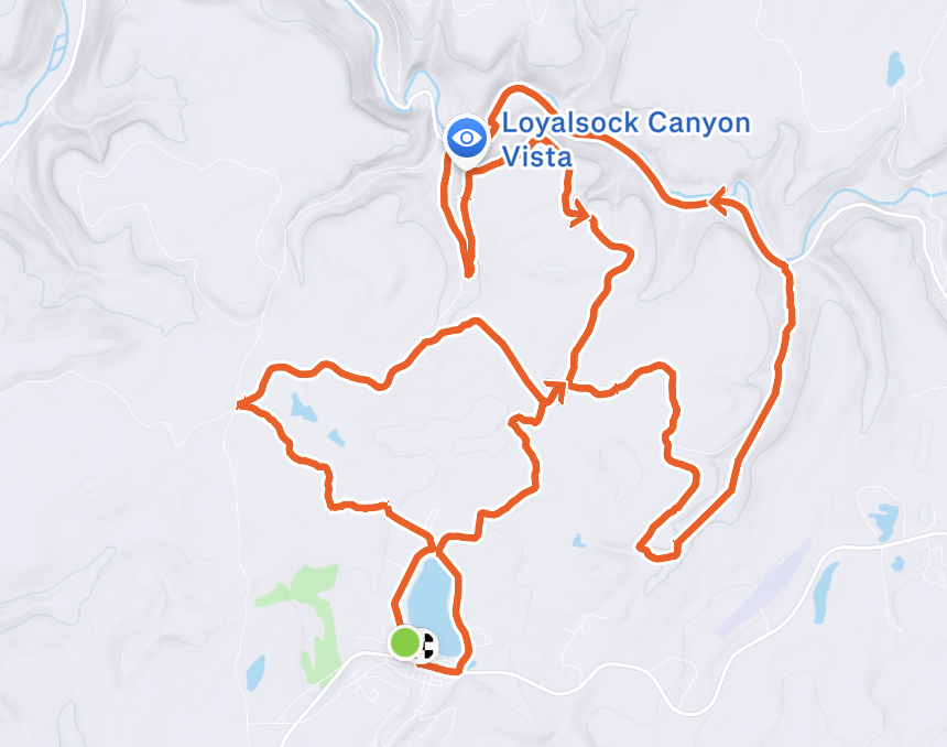 Map of a trail route at Loyalsock Canyon Vista with a start point marked in green and the route highlighted in orange.