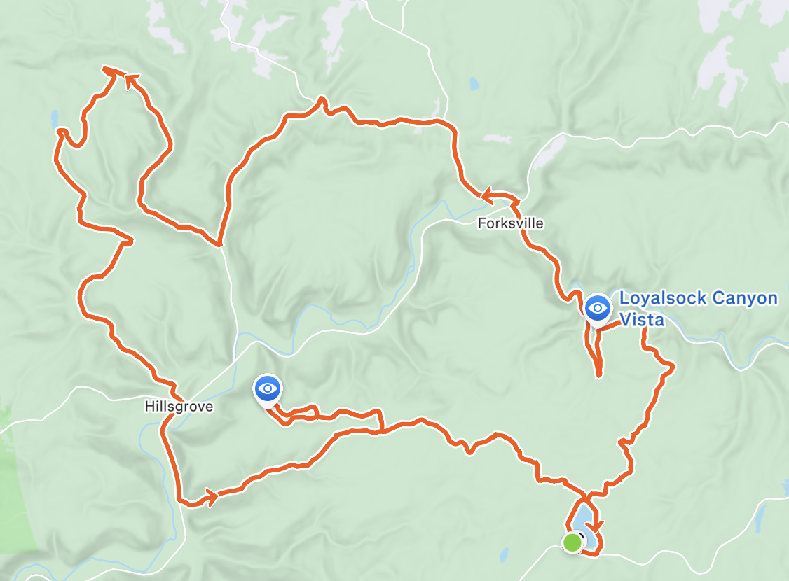 Map showing a trail route starting at a green marker, passing through Hillsgrove and Forksvile, and ending at Loyalsock Canyon Vista with orange trail lines.