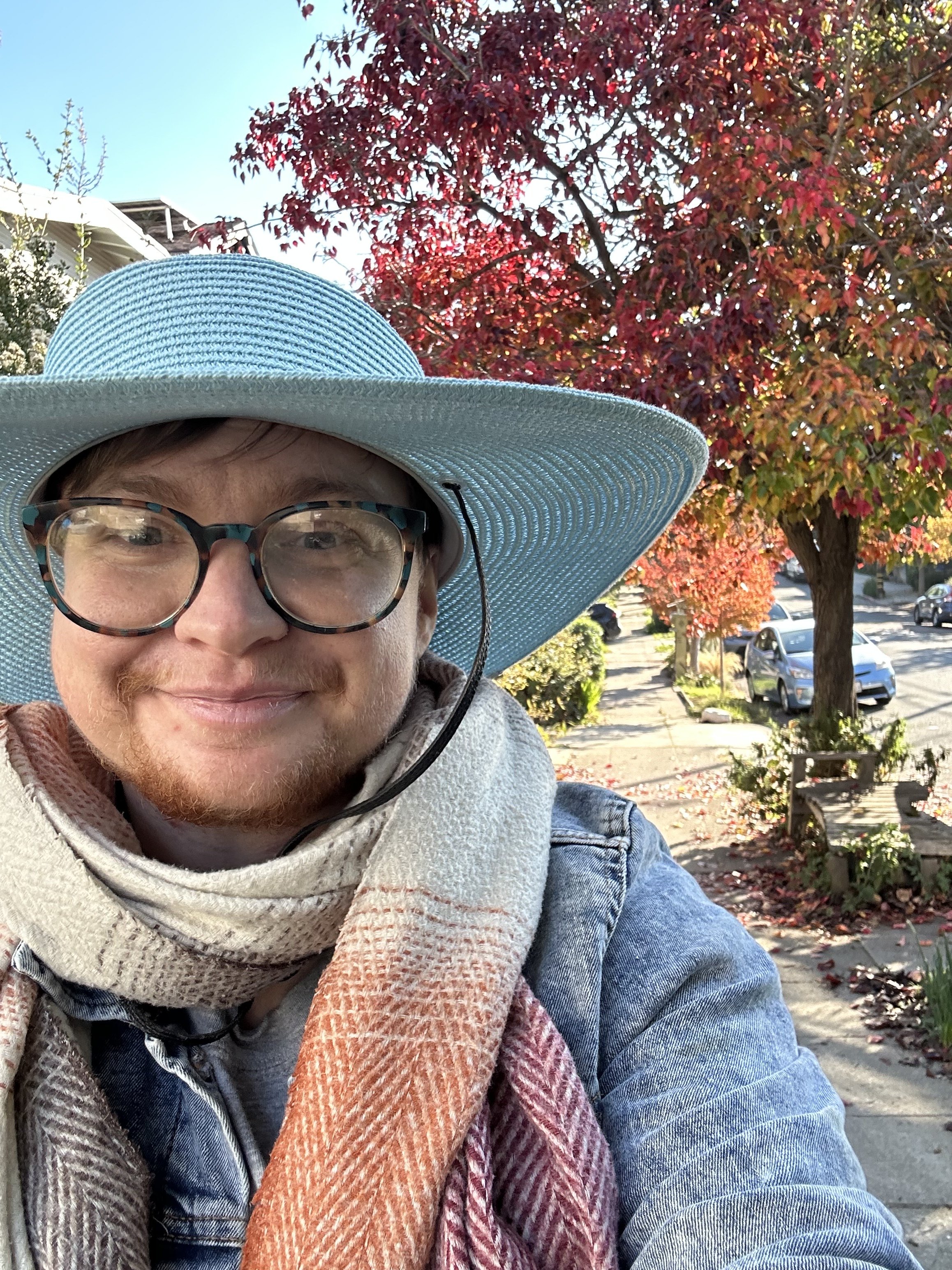 Close-up of a person wearing glasses, a large wide-brimmed hat, a scarf, and a denim jacket, with autumn trees and parked cars in the background.