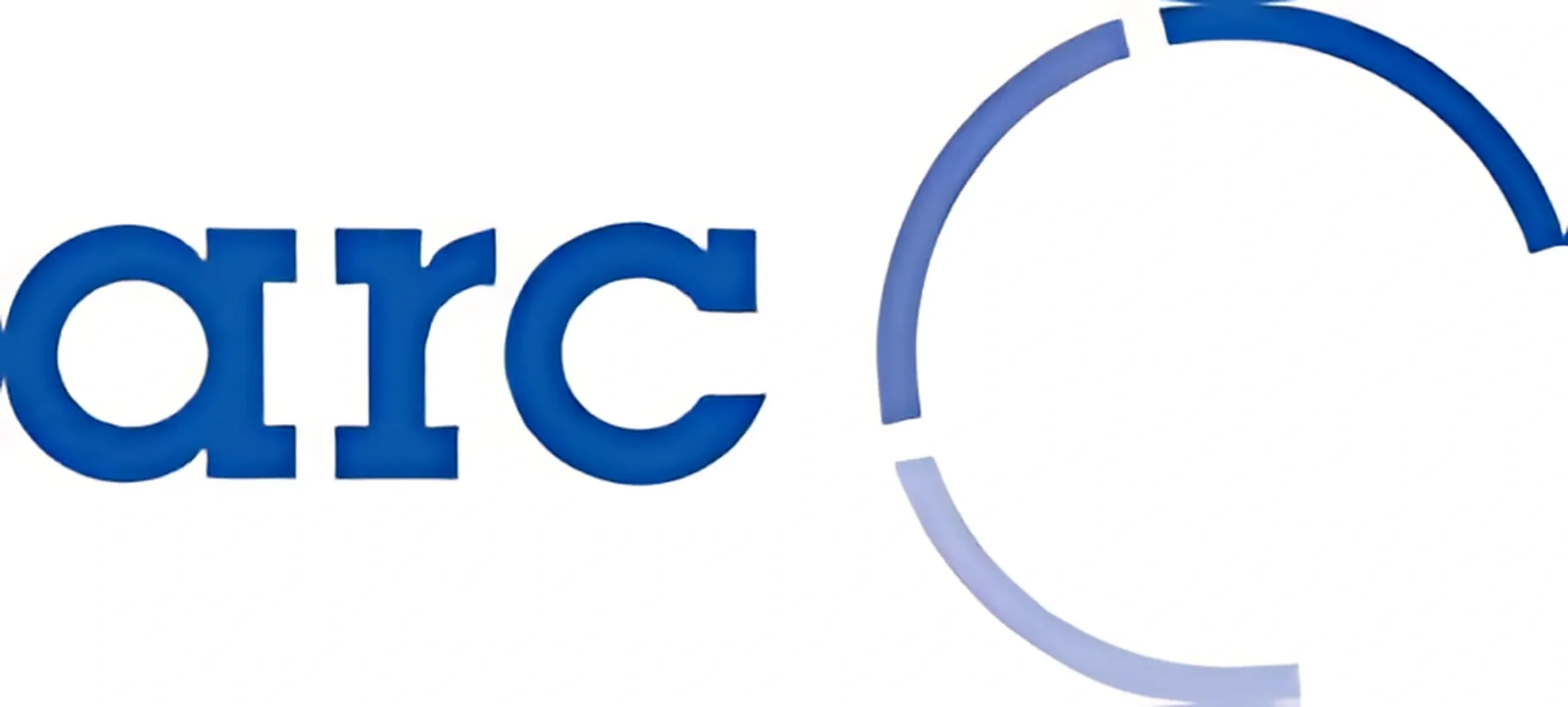 Close-up of a logo with the word 'arc' in blue letters and a partially visible concentric circle design on a white background.