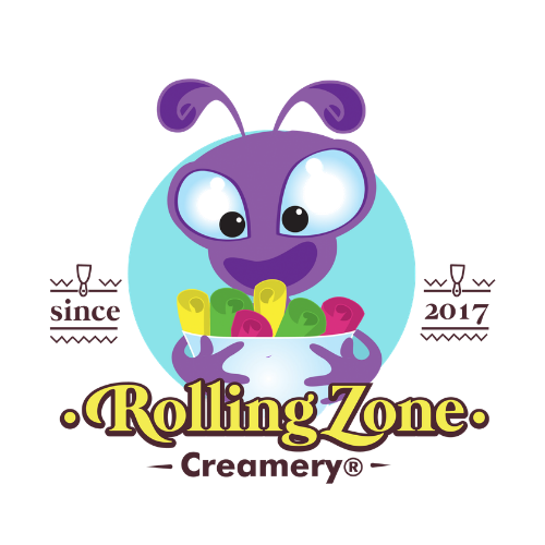 Cartoon purple alien with antennae holding a bowl of colorful candy and the text "Rolling Zone Creamery" below.