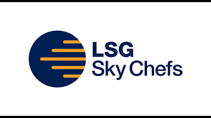 LSG Sky Chefs logo with a dark blue circle and horizontal gold lines, and text 'LSG Sky Chefs' beside it.