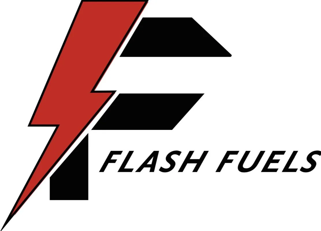 Logo for Flash Fuels with a red lightning bolt, black geometric shapes, and the text 'FLASH FUELS'.
