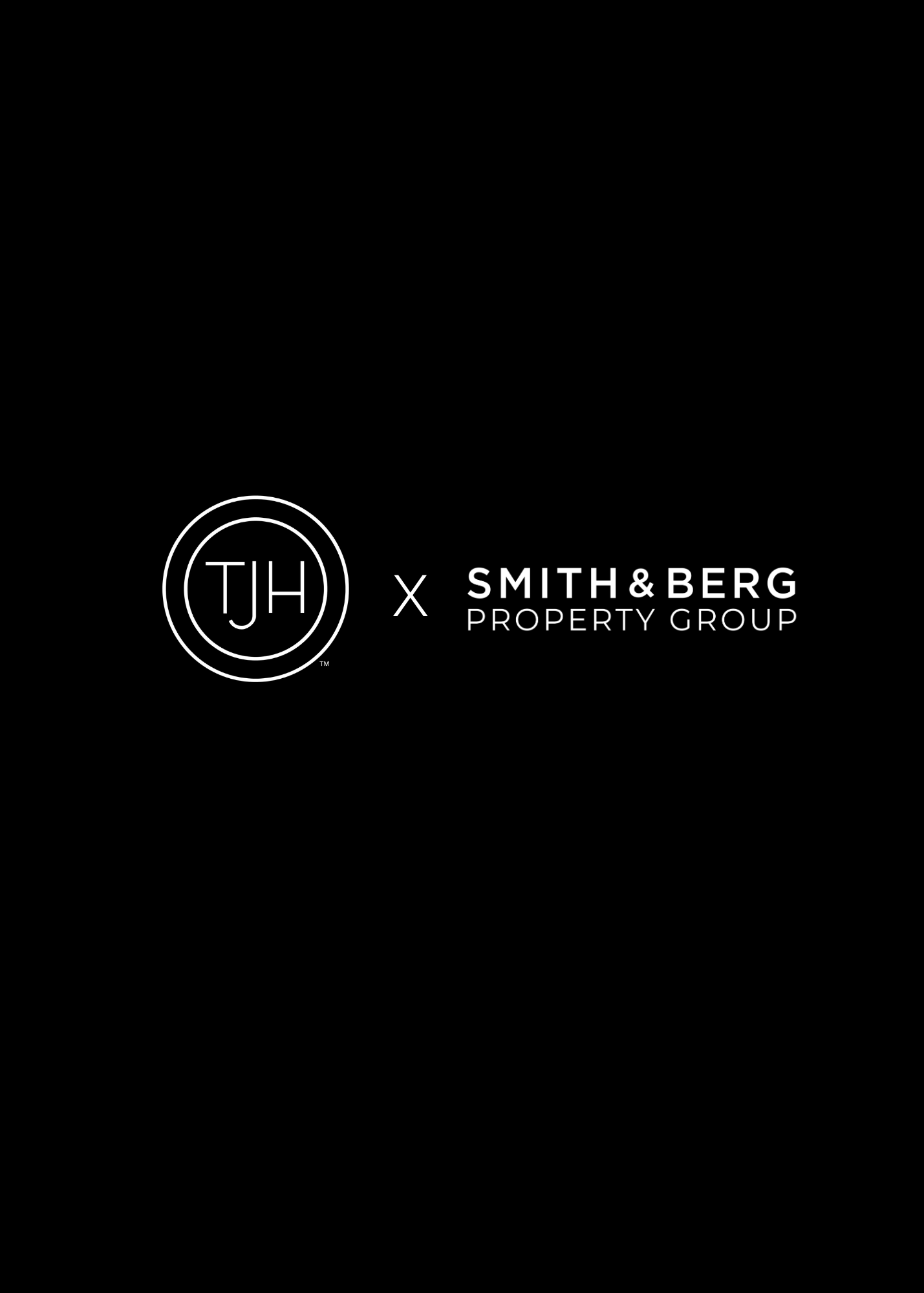 Black background with white logo and text: TJH in a circle, x, Smith & Berg Property Group.
