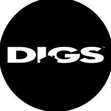 Black circle with the word 'DIGS' in bold white letters