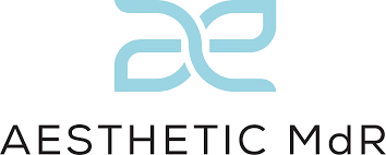 Logo with stylized blue design above the words 'Aesthetic MdR' in black text.