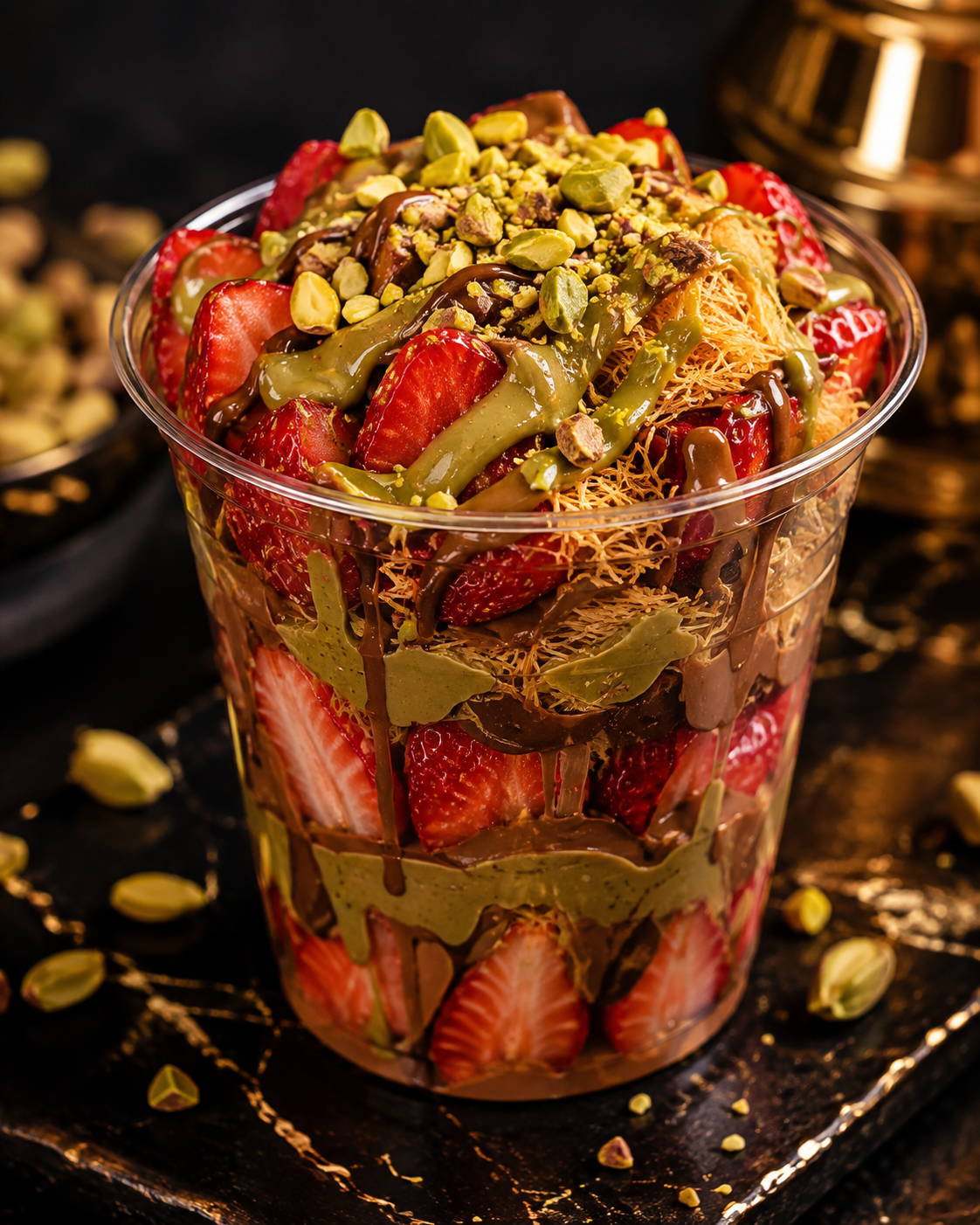 A glass jar filled with mixed berries and topped with whipped cream, with strawberries and other bowls of berries nearby.