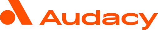 Audacy company logo with orange text and symbol on a white background.