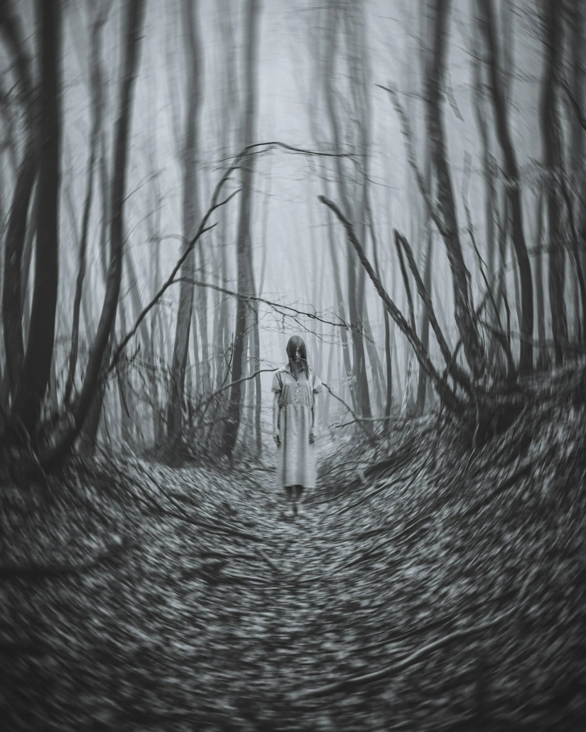 A girl in a dress standing on a forest trail surrounded by leafless trees, with a swirling effect creating an eerie, dreamlike atmosphere.