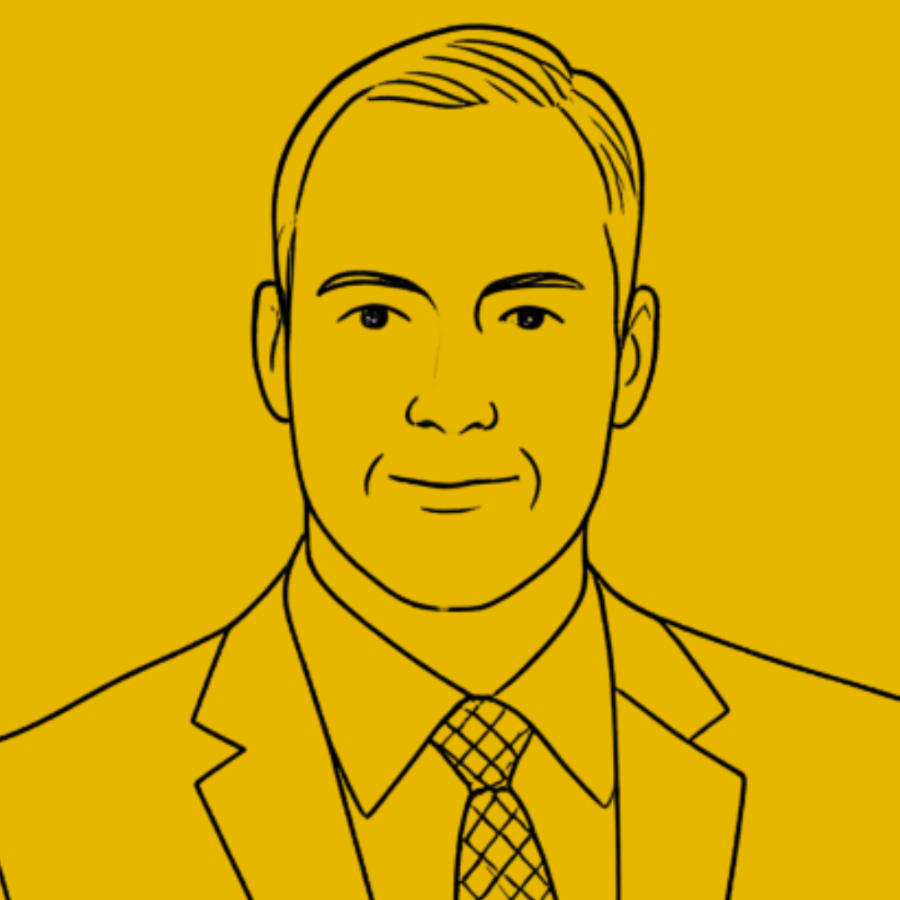 Line drawing of a man in a suit with a tie, set against a yellow background.