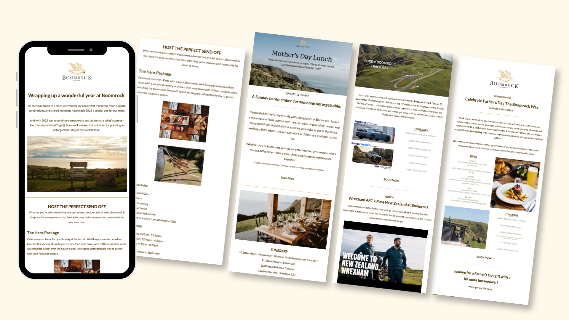 Collection of promotional flyers and event programs for Boomrock, including activities, meals, and experiences offered, with images of landscapes, food, cars, and people.