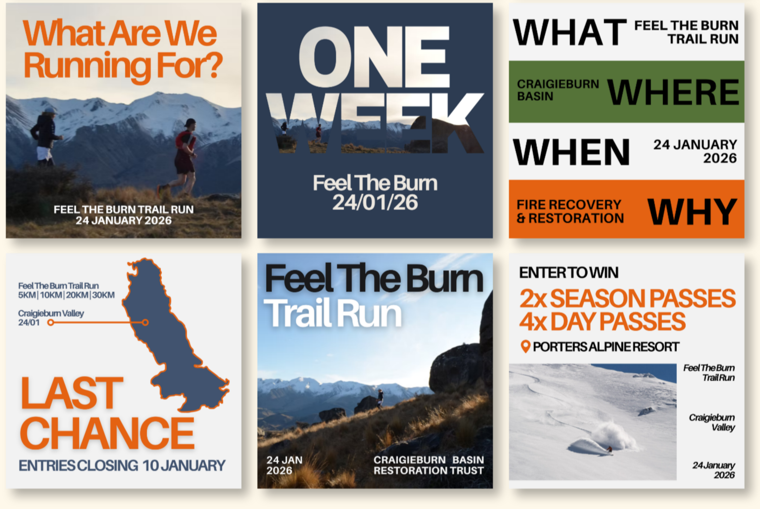 Collection of promotional graphics for the Feel The Burn Trail Run event happening on January 24, 2026, held in Craigieburn Basin, New Zealand. The visuals include images of runners in scenic outdoor locations, maps, event details, and promotional offers such as discounted season and day passes.