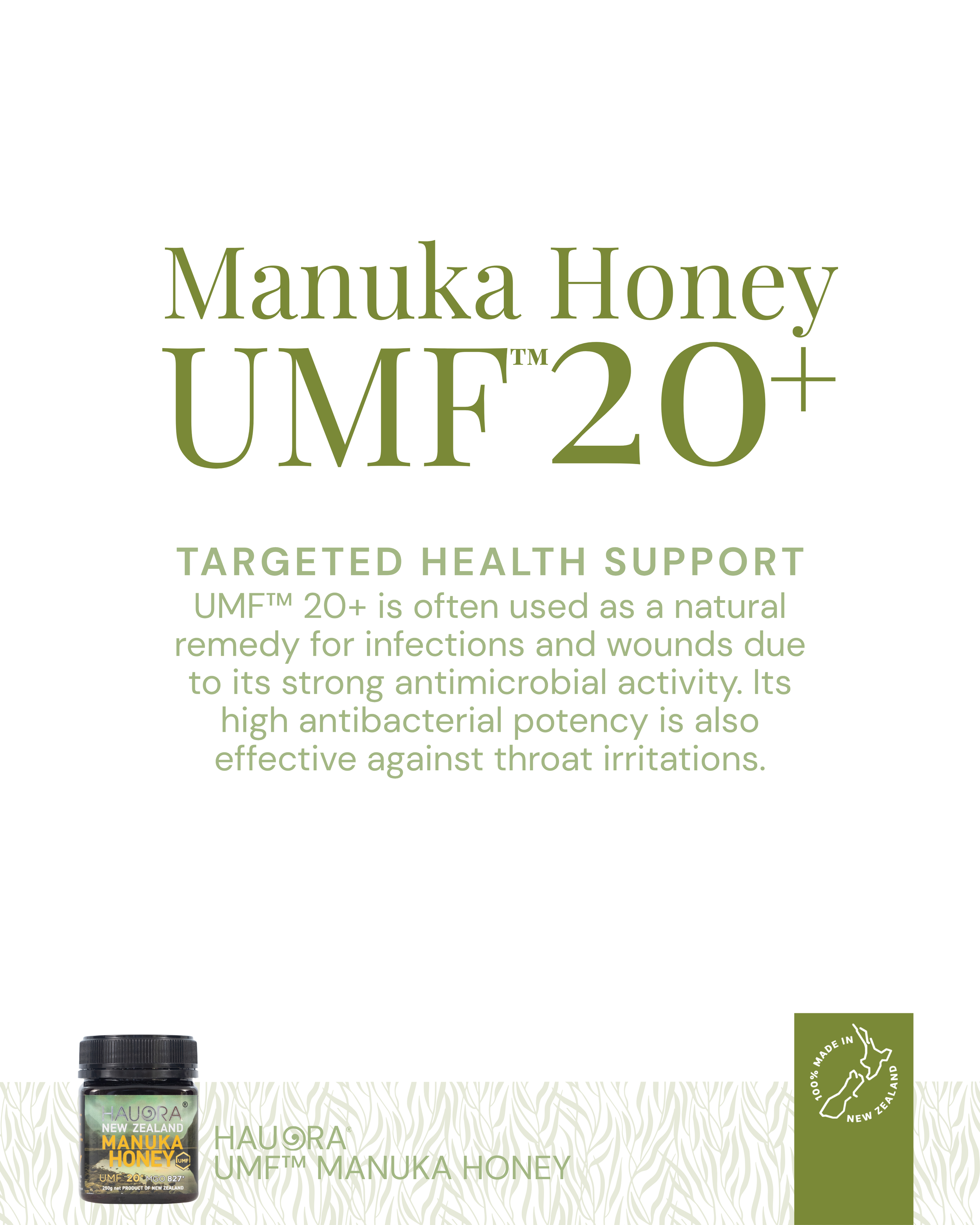 Close-up of a jar of Hauora New Zealand Manuka Honey with green and black label. Background features a pattern of grass or plant blades and text promoting the honey's health benefits and origins from New Zealand.
