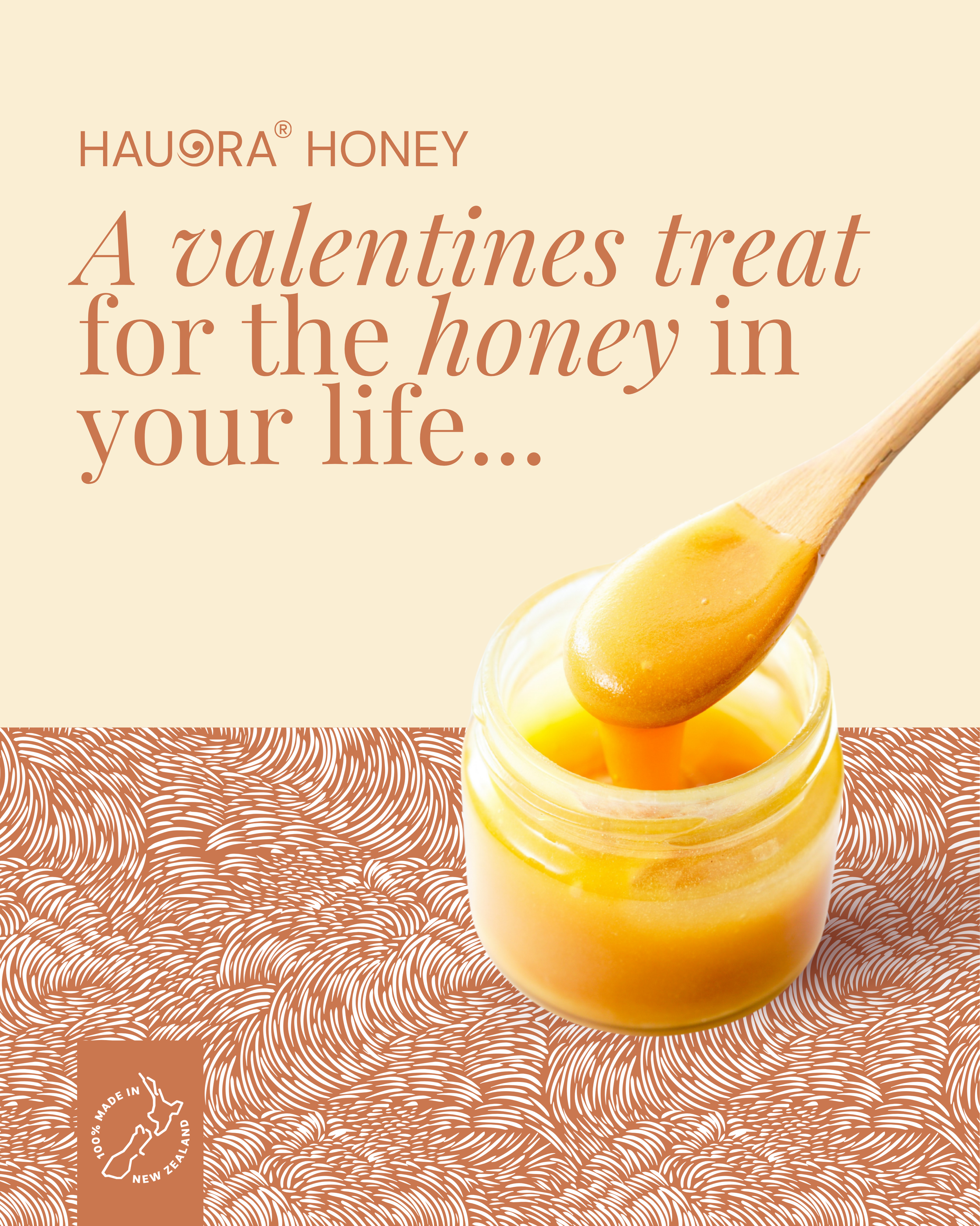 A jar of honey with a honey dipper, set against a decorative background, advertising Hawora Honey with the phrase 'A Valentine's treat for the honey in your life'.