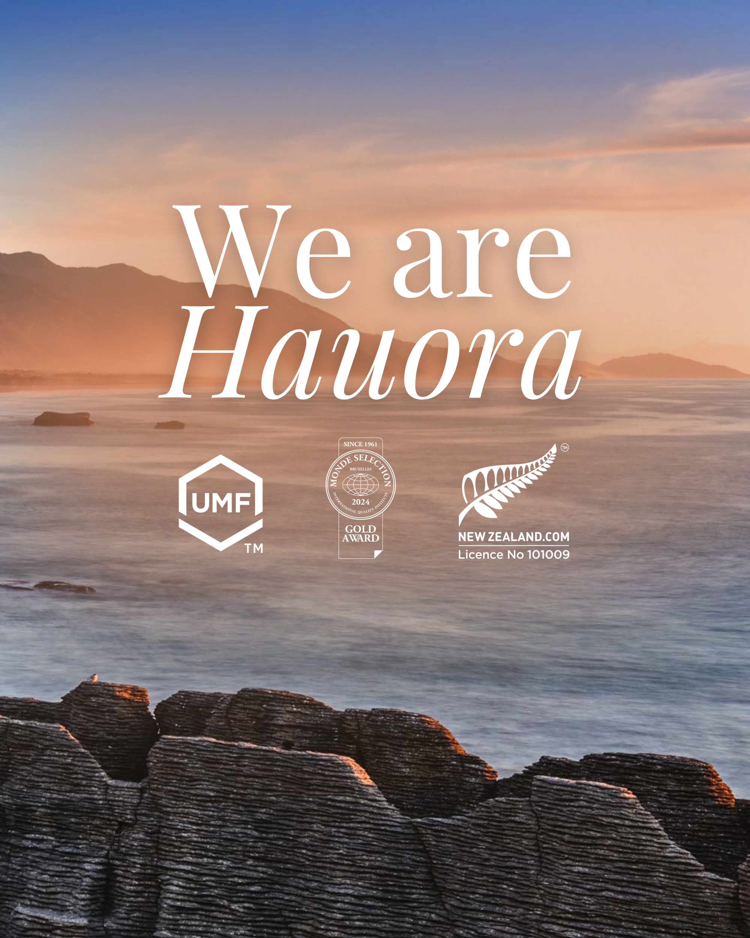 Sunset over the ocean with rocky shoreline in the foreground and mountains in the distance, with the text "We are Hāwera" and logos at the bottom.