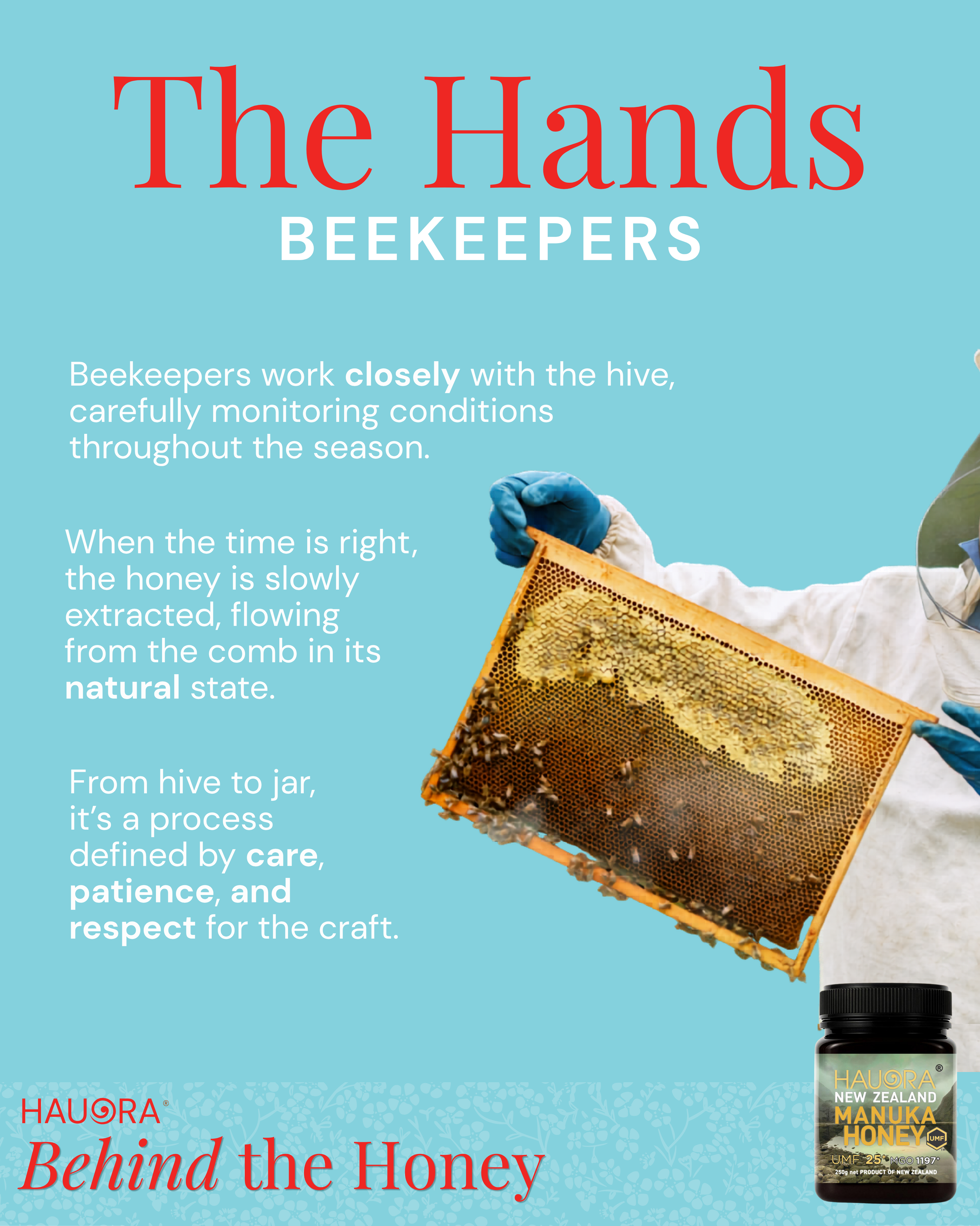 Promotional display of honey from New Zealand, showing a jar labeled "Haurora Manuka Honey" and a beekeeper's glove holding a honeycomb frame. The background features text about beekeepers working closely with hives and honey production.
