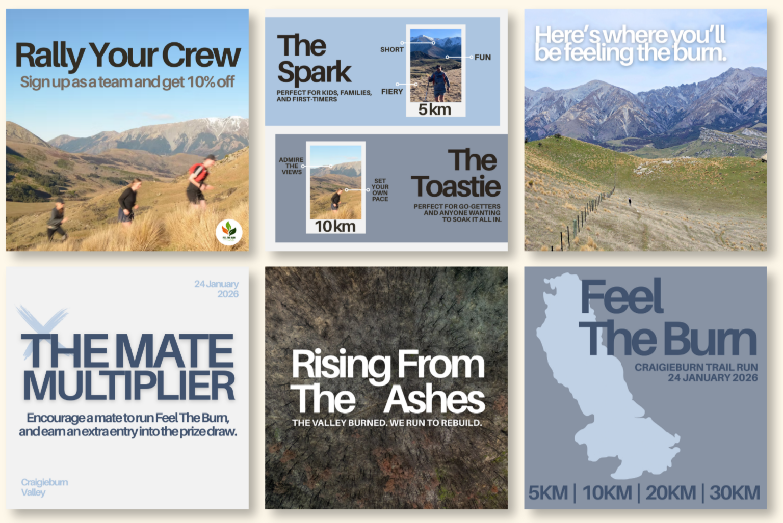 A collage of six images promoting trail running events and motivational messages. Includes scenic mountain and valley landscapes, event posters with distances, and encouraging text.
